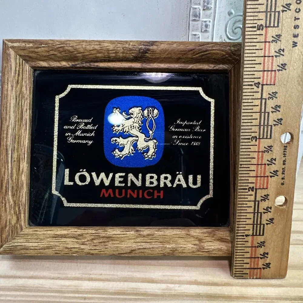 Vintage LOWENBRAU Special Beer Glass Sign Framed Mirror 5.75”x4.75” Mini 💙